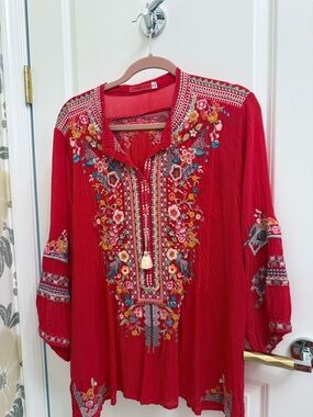 Johnny Was Crimson Red Embroidered Boho Tunic